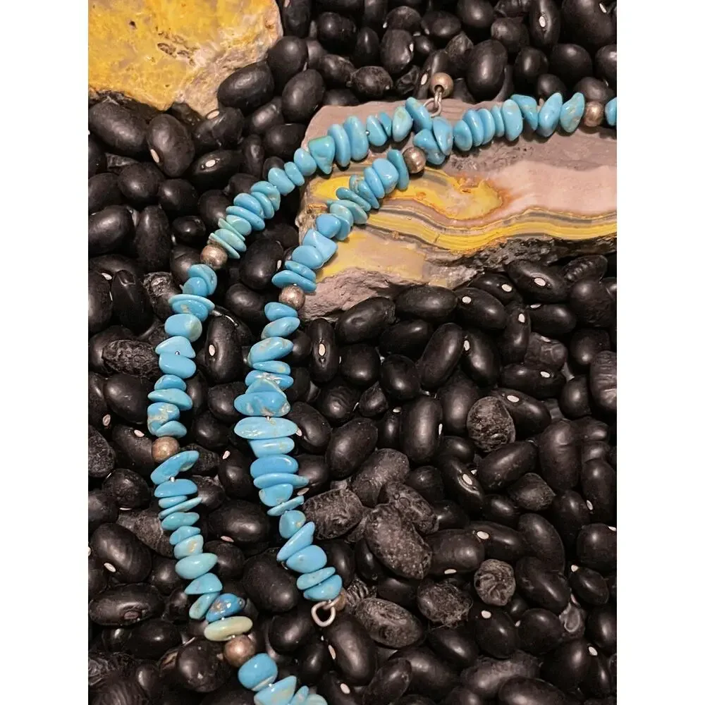 Native American Sterling Navajo Pearl & Blue Turquoise Chip Choker Wrap Necklace - Picture 3 of 9